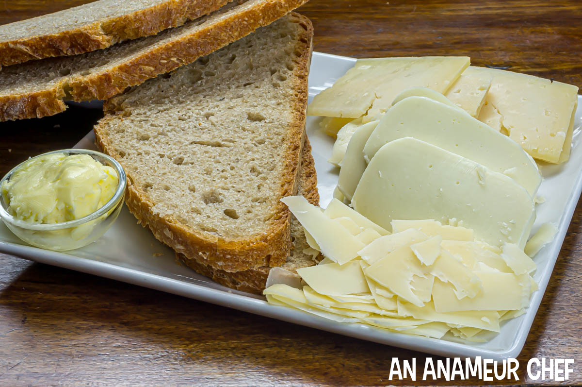 Ingredients for American-style grilled cheese sandwich